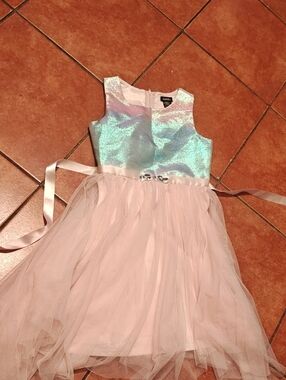 Zunie Iridescent Aqua-Pink Sparkle Bodice Tulle Dress